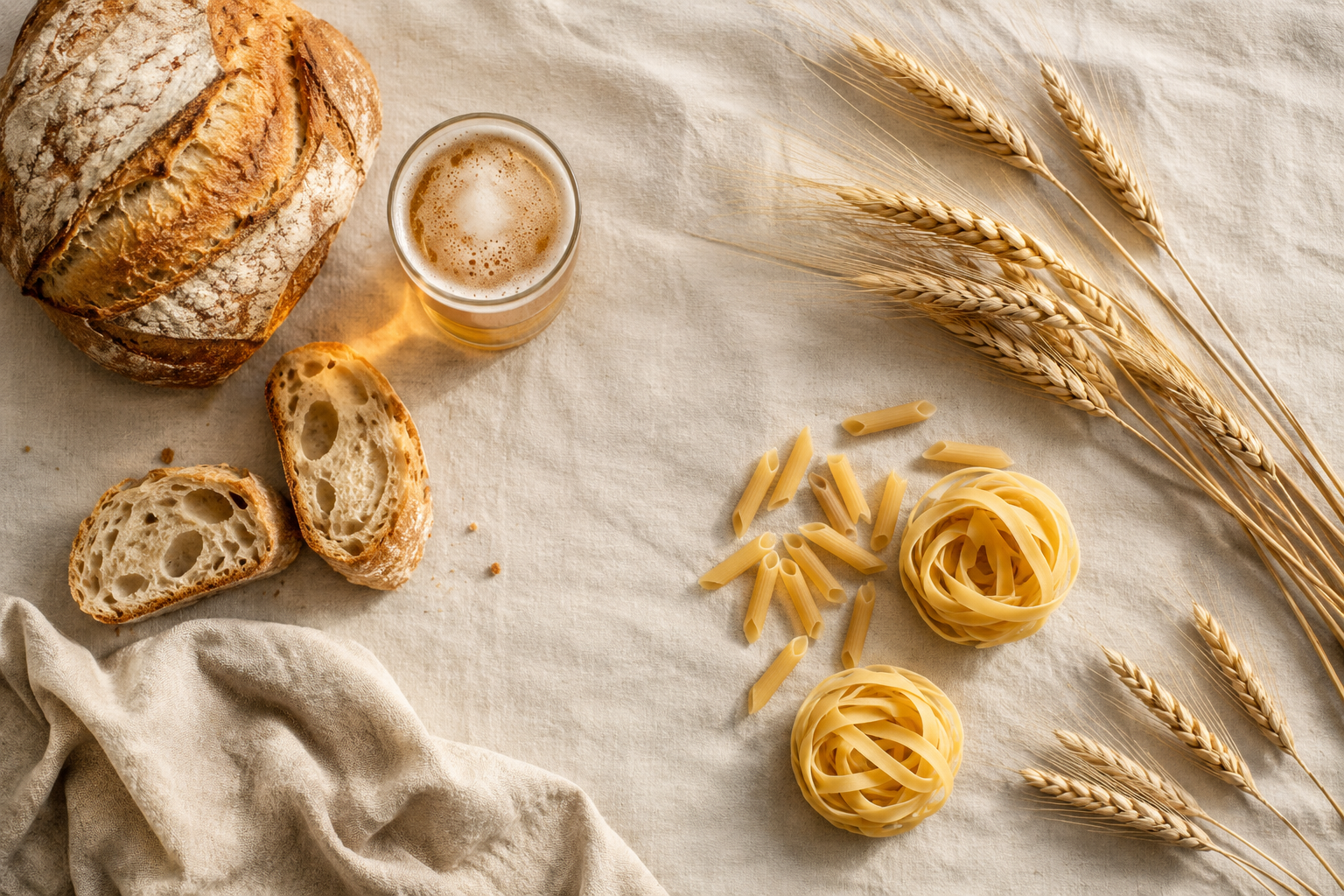 Still life de pão, massa e espigas de trigo sobre toalha de linho