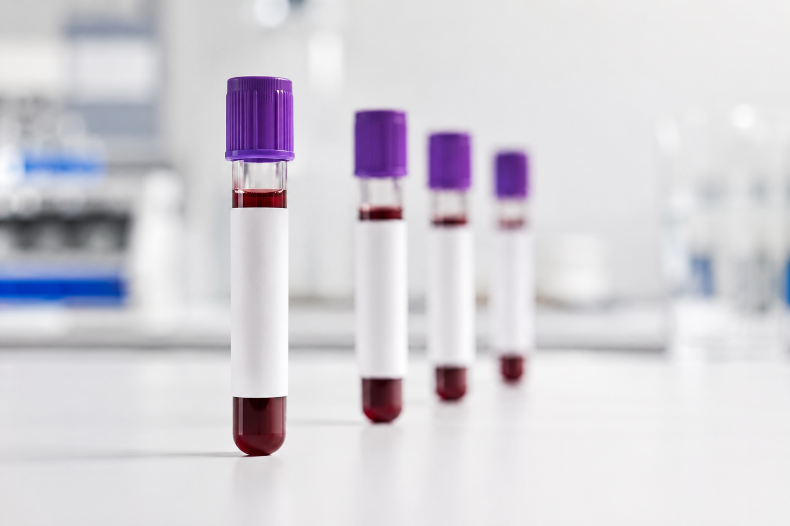 Quatro tubos de coleta de sangue enfileirados em bancada de laboratório